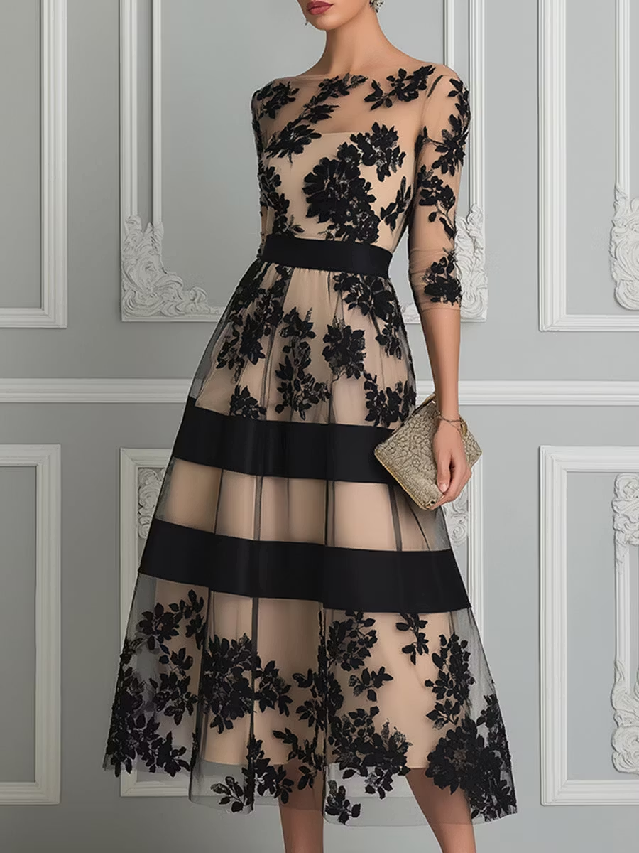 Maude | Elegant Black Lace Midi A-Line Dress