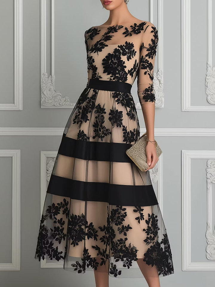 Maude | Elegant Black Lace Midi A-Line Dress