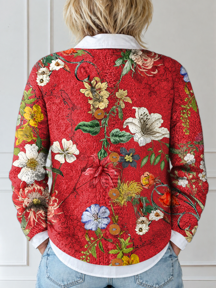 Women's Vintage Floral Art Print Buttoned Cardigan Sweater
