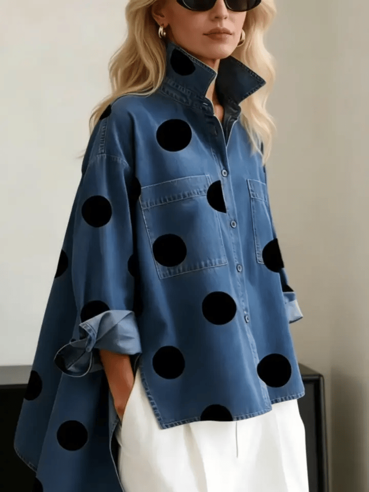 Anna | Elegant Artistic Polka Dot Print Stand-collar Denim Top